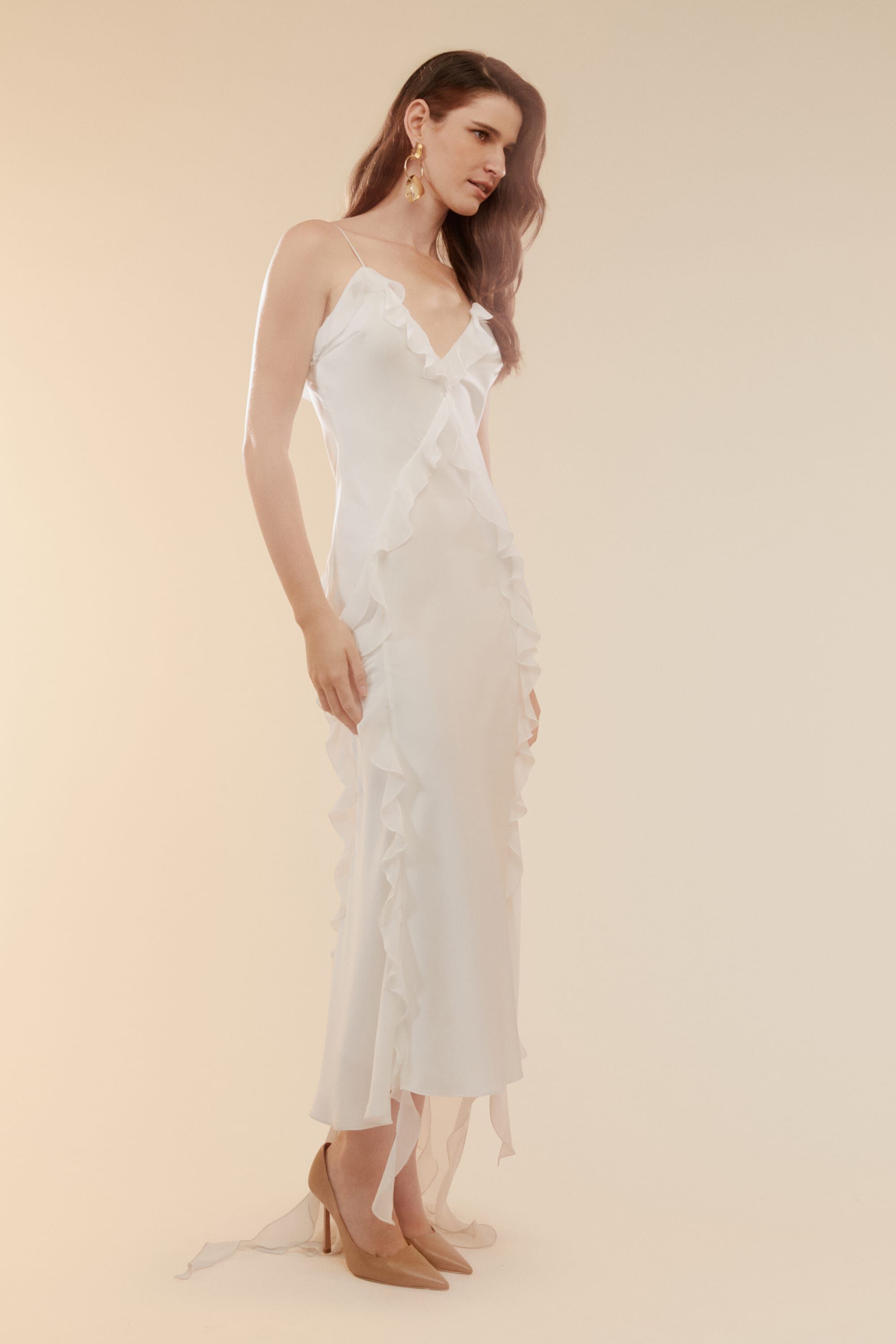White ruffle midi dress top