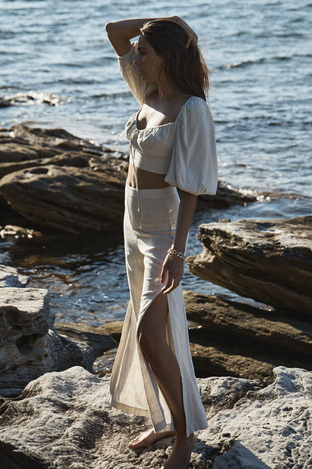 The Boho Linen Top in Pebble | Bardot