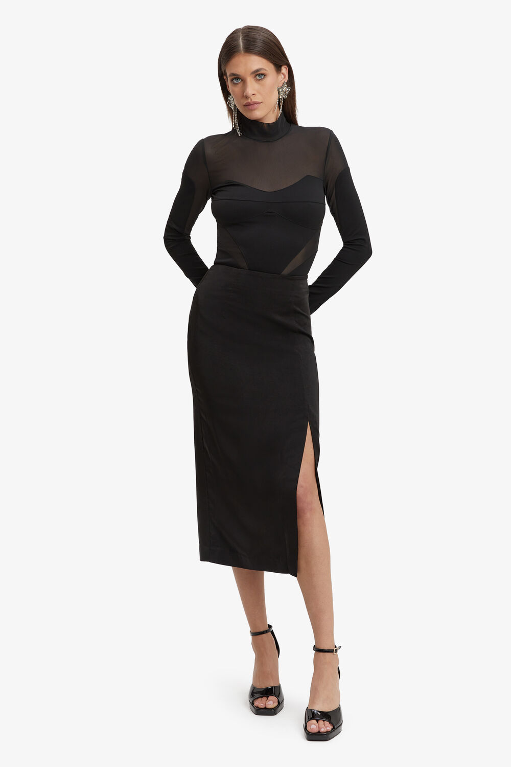 JASMINE SHEER PANEL BODYSUIT in colour CAVIAR