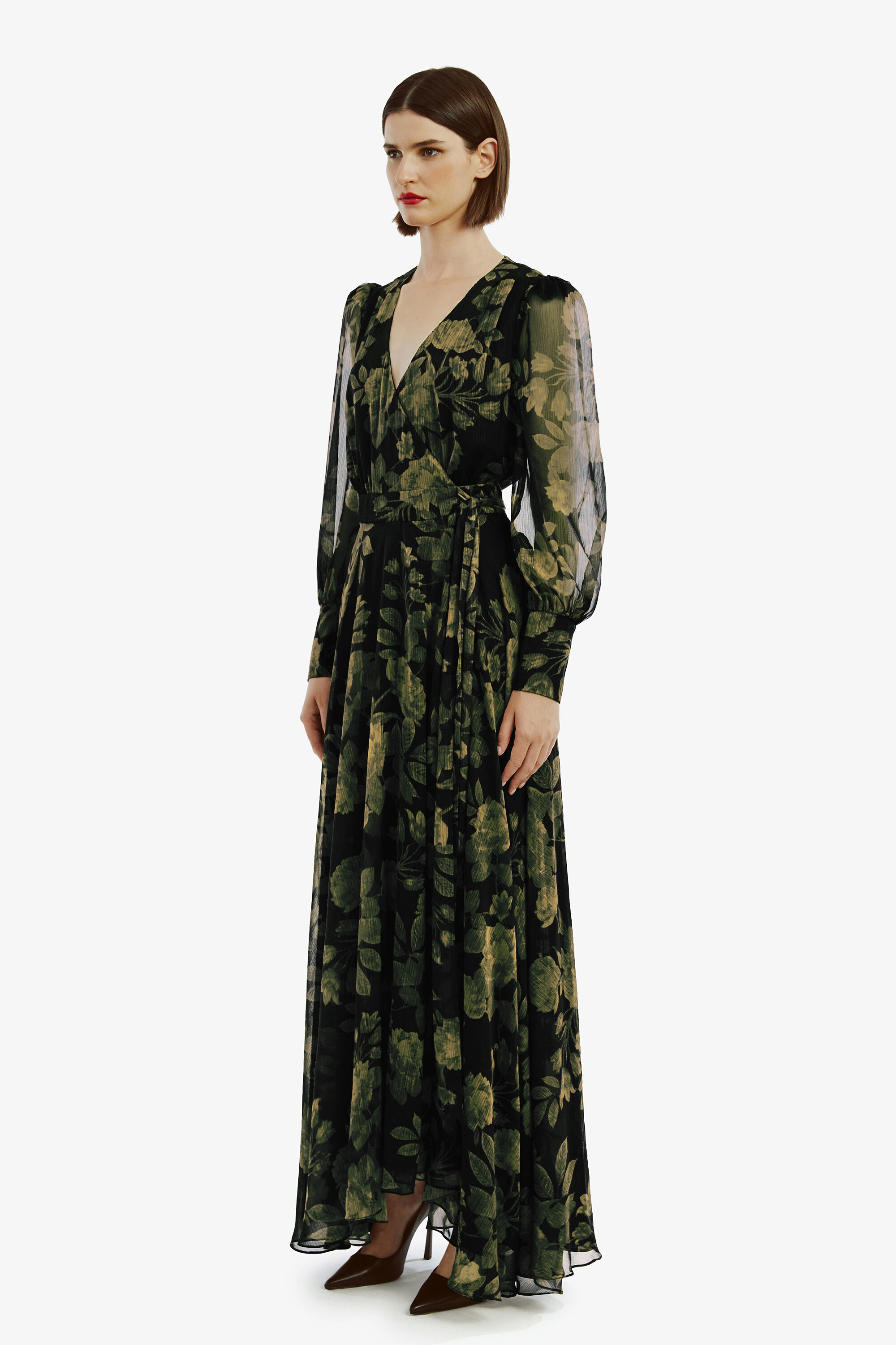 Lucianna Maxi Wrap Dress In Green Floral Bardot