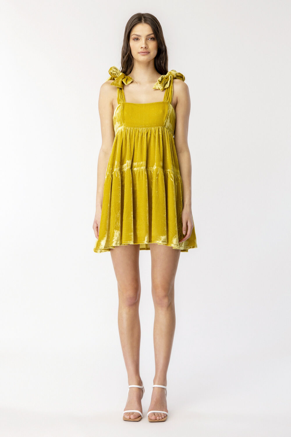 Velour Tiered Mini Dress in Marigold 