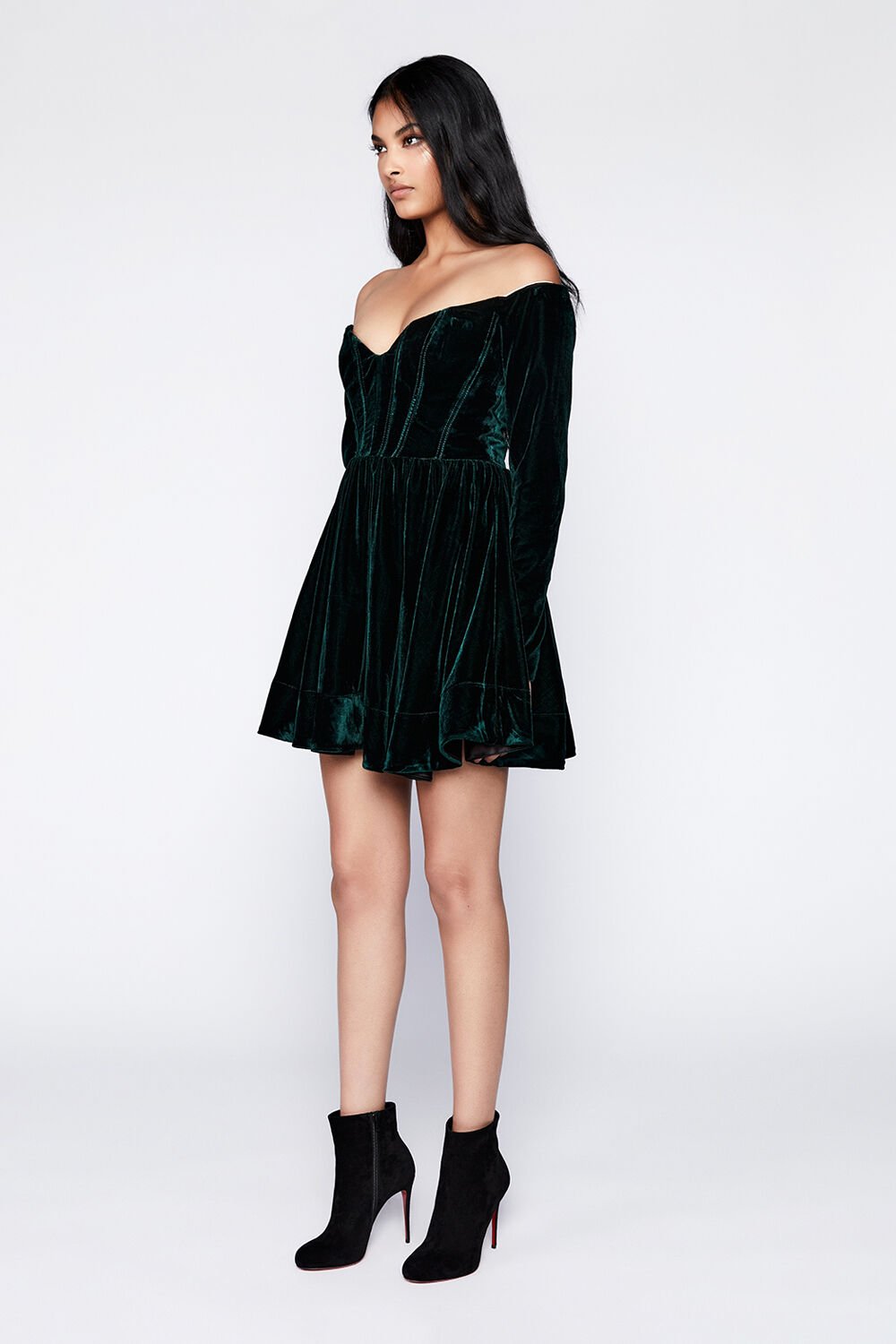 Off Shoulder Velour Mini Dress in Forest Green | Bardot