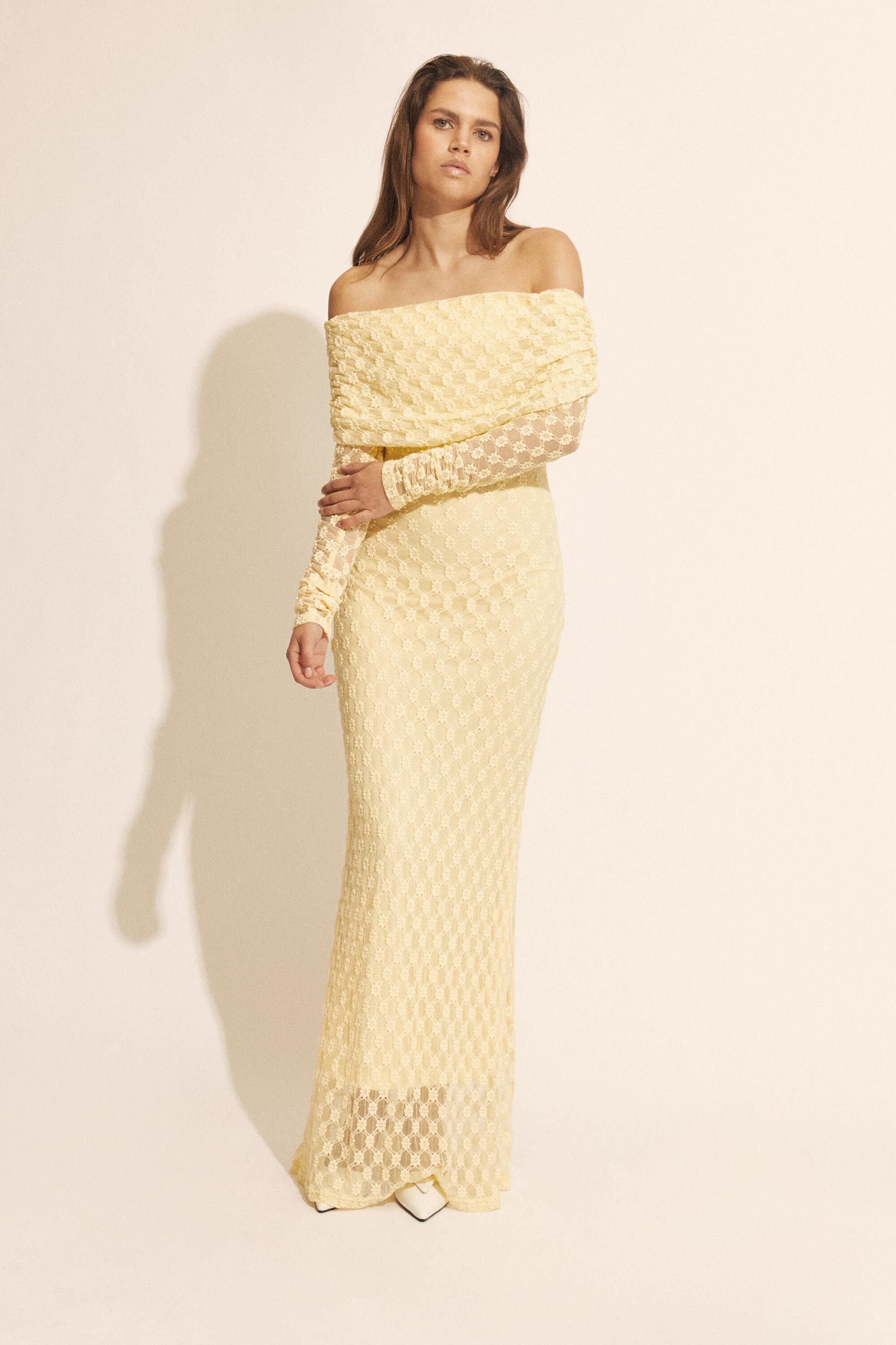 Yellow lace off the shoulder dress 2025