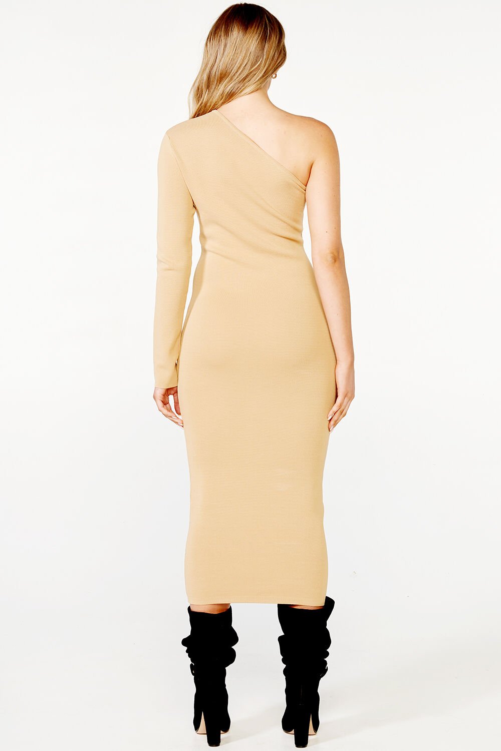 ONE SHOULDER KNIT DRESS in colour TAN