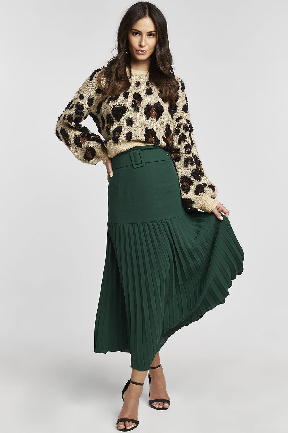 Buckle Pleated Skirt In Dark Green Bardot