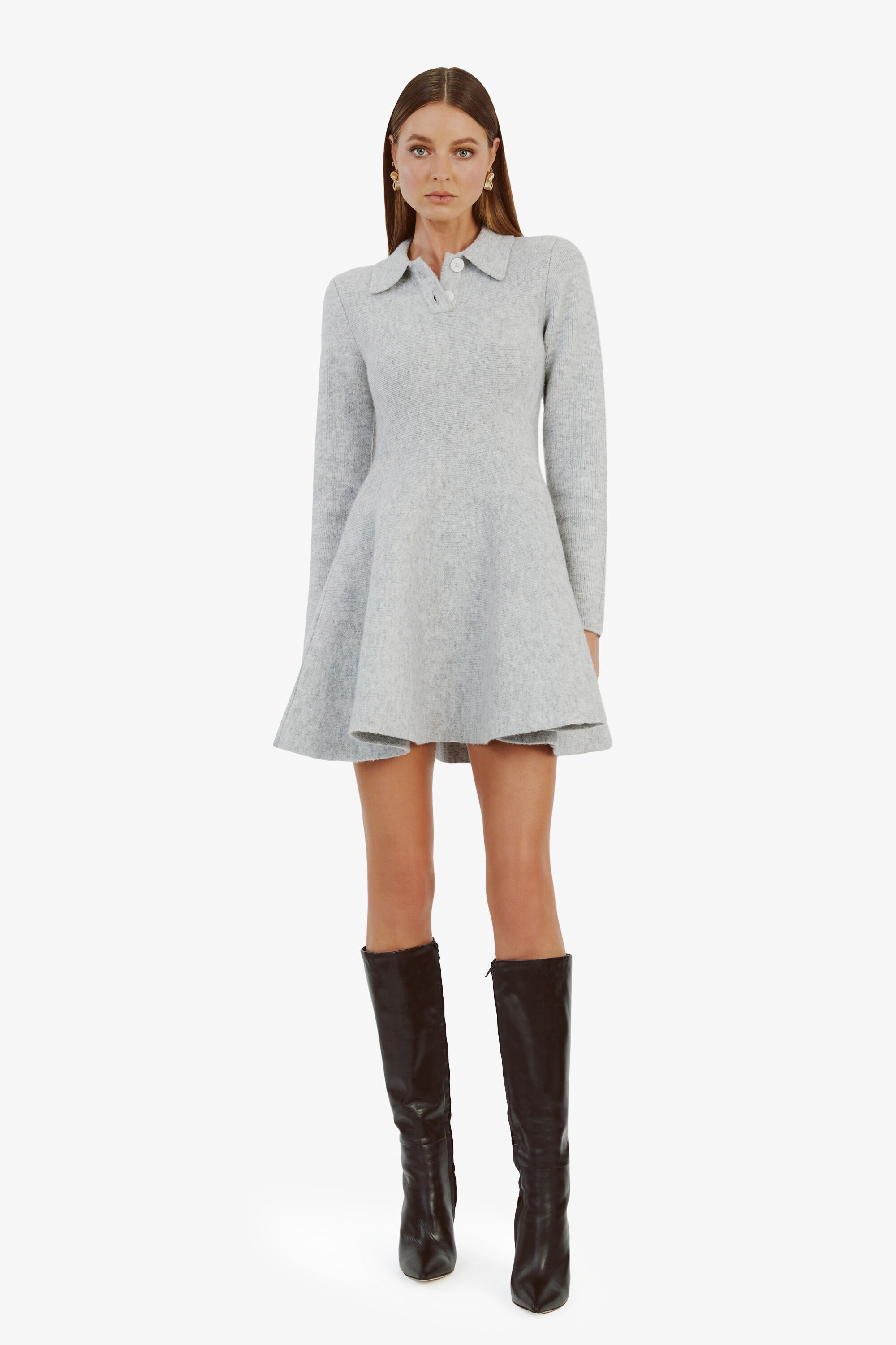Lexter Mini Volume Knit Dress In Dove Grey | Bardot