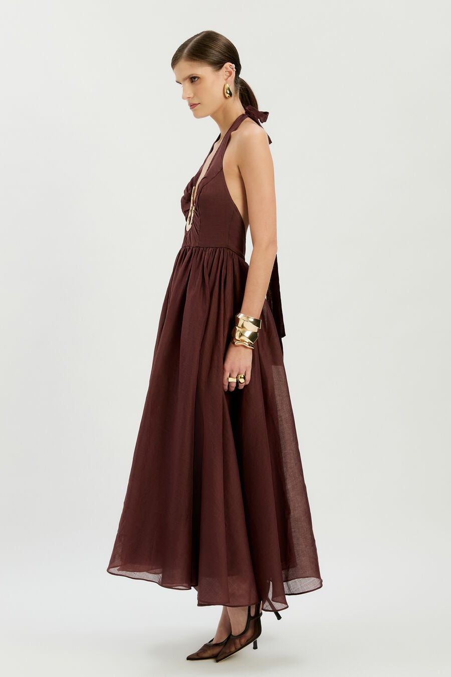 CAVARLY RAMIE HALTER DRESS in colour Chocolate