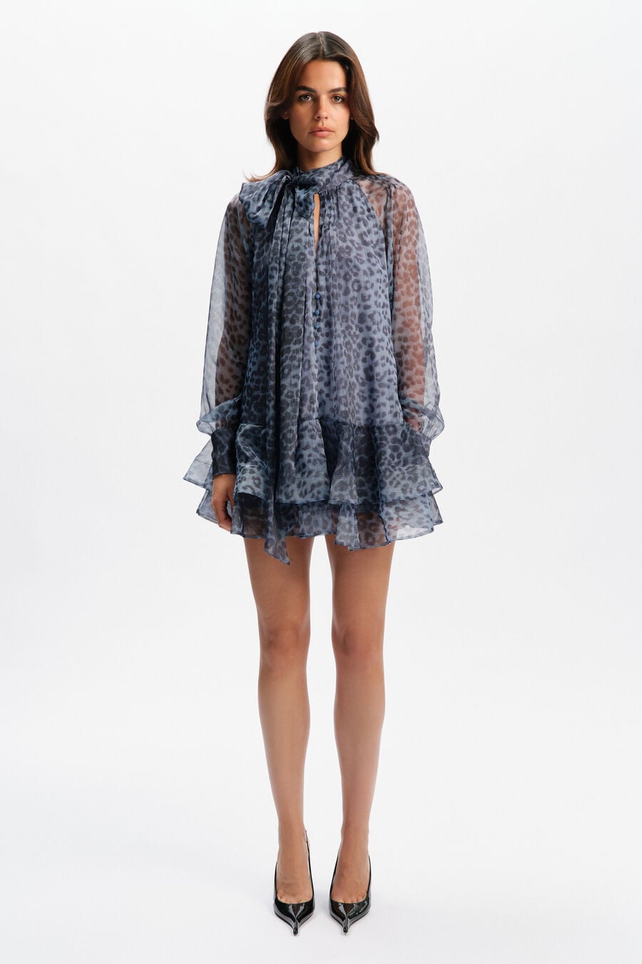 ADRIE BABYDOLL MINI DRESS in colour Blue Leopard
