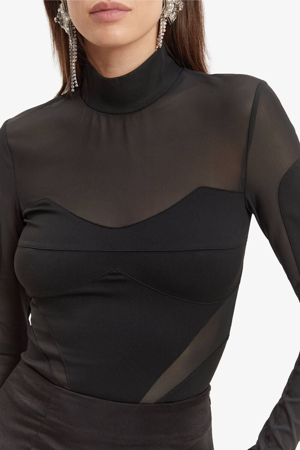 JASMINE SHEER PANEL BODYSUIT in colour CAVIAR