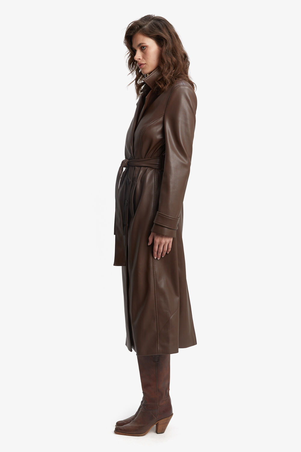 VEGAN LEATHER TRENCH COAT in colour CHOCOLATE BROWN