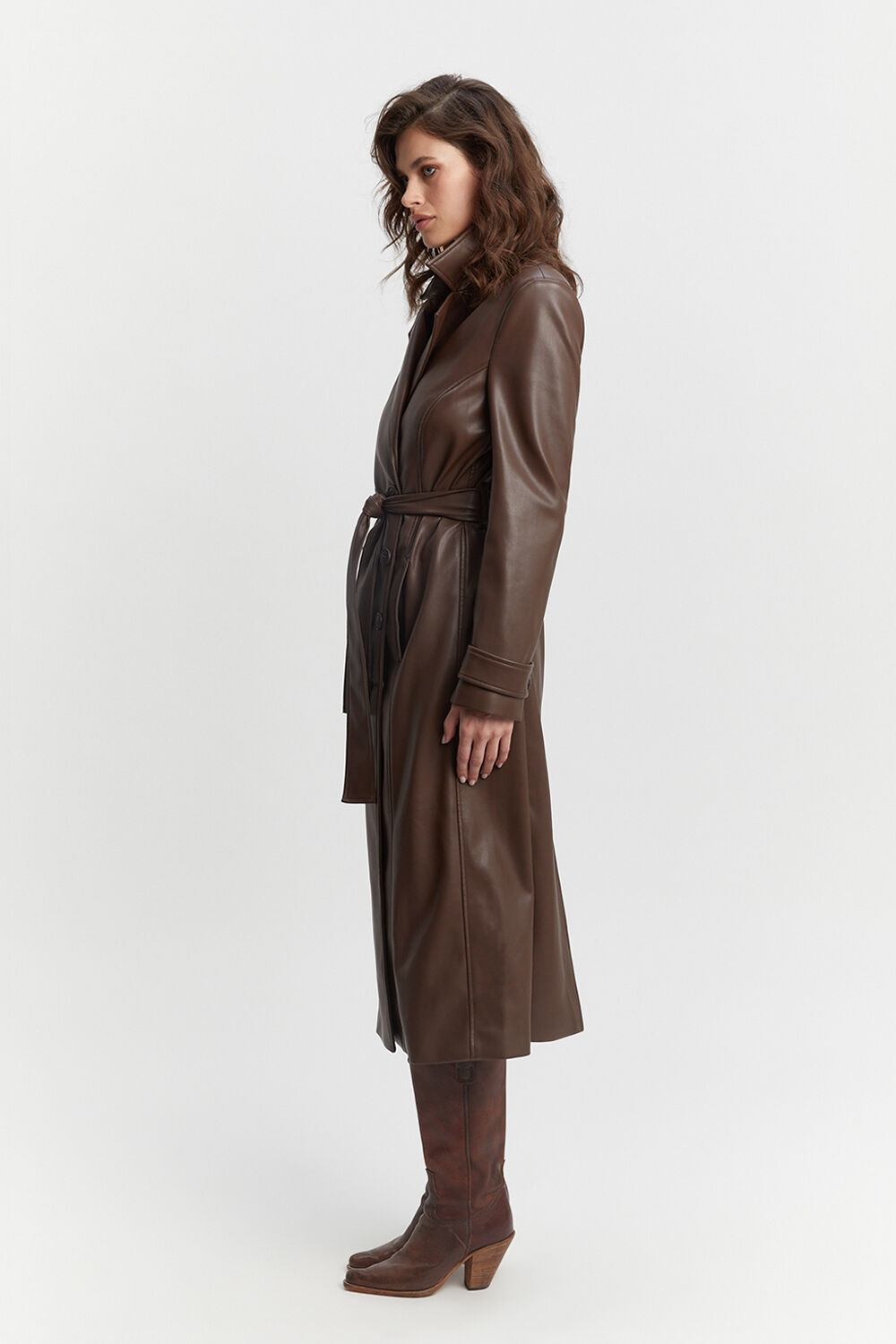 VEGAN LEATHER TRENCH COAT in colour CHOCOLATE BROWN