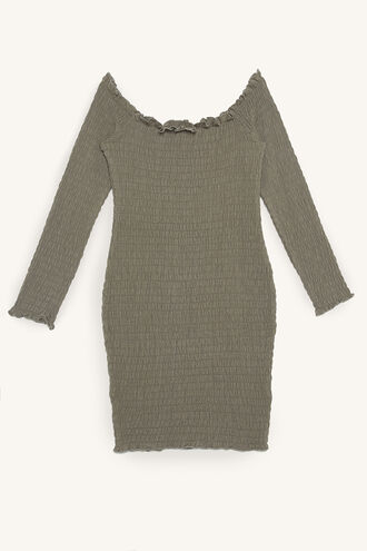 THALI SHIRRED DRESS in colour DEEP LICHEN GREEN