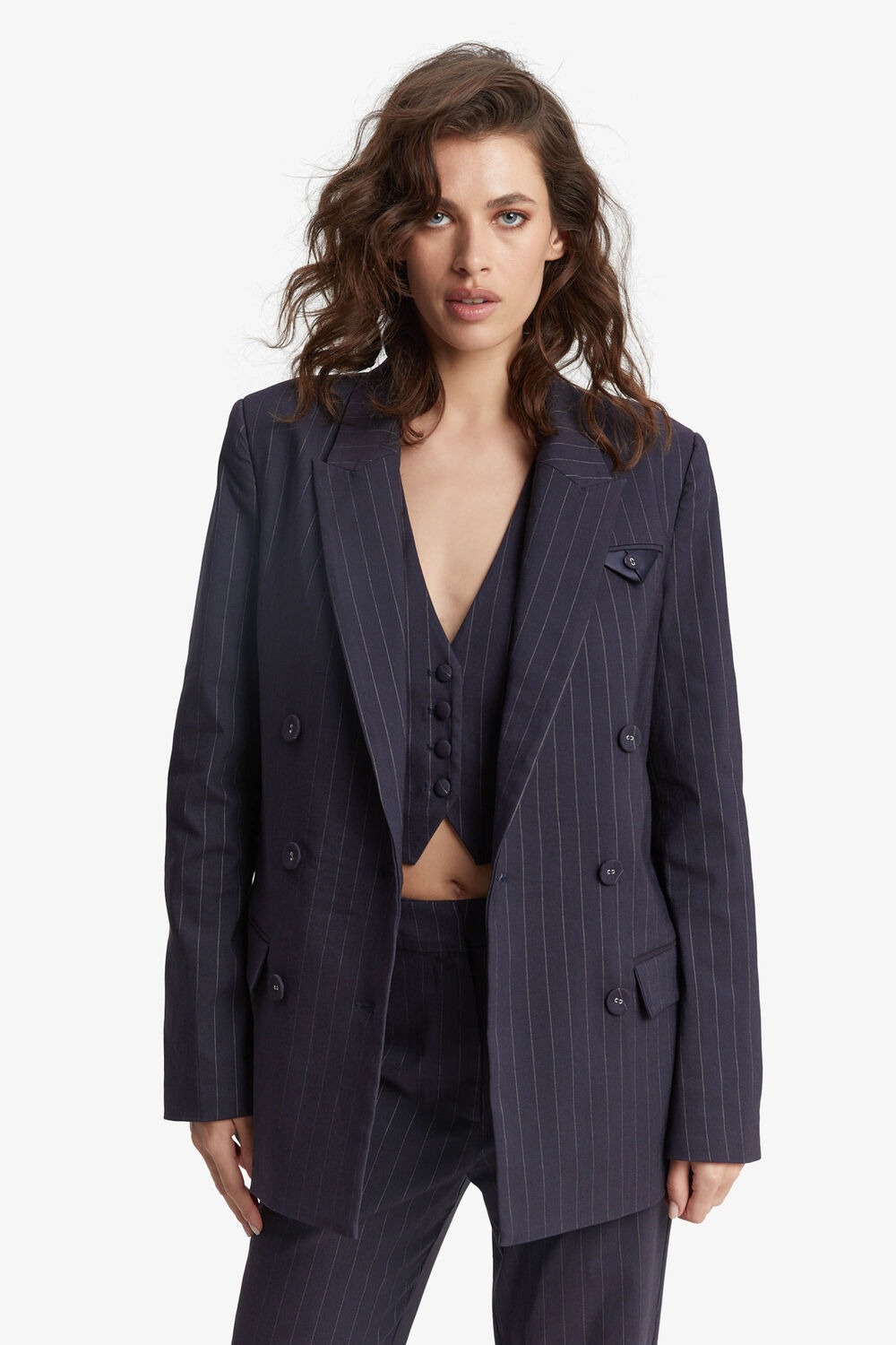 SLOANE PIN STRIPE BLAZER in colour SODALITE BLUE
