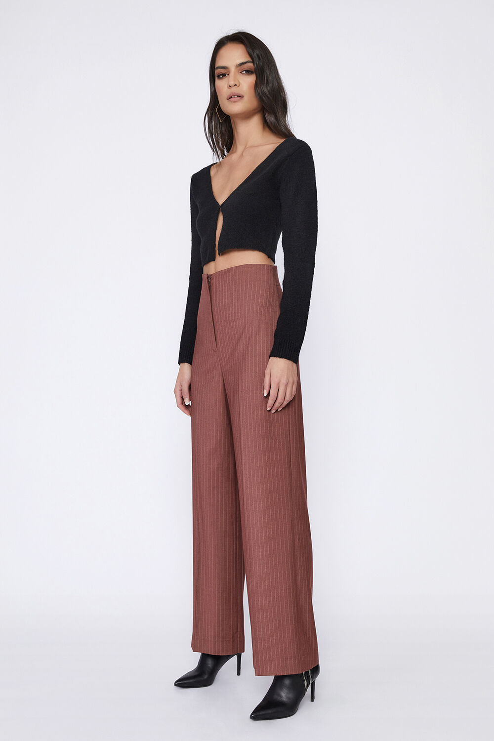 PIN STRIPE HIGH WAIST PANT in colour CHESTNUT STRIPE