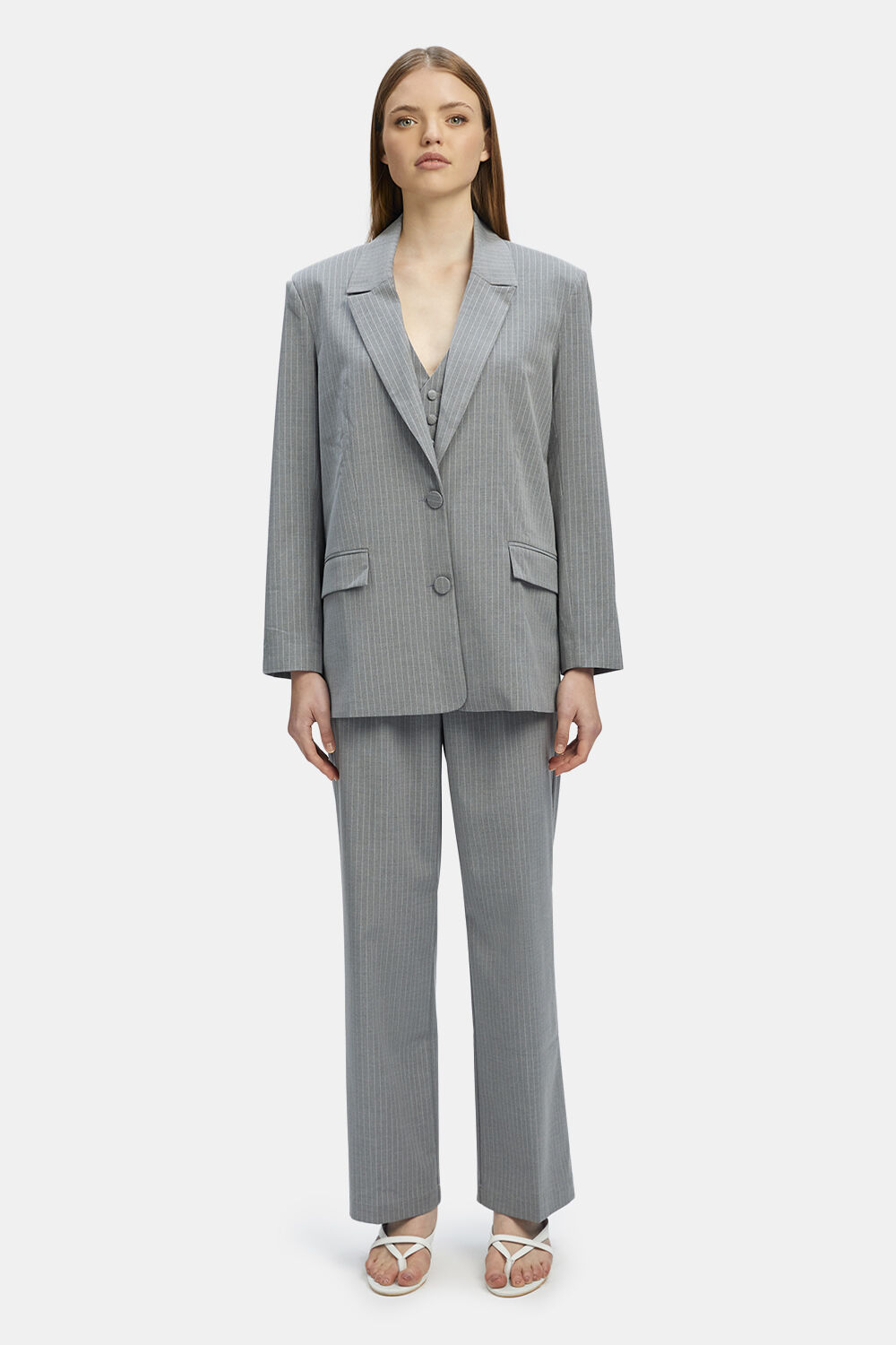 Grey pinstripe blazer discount womens
