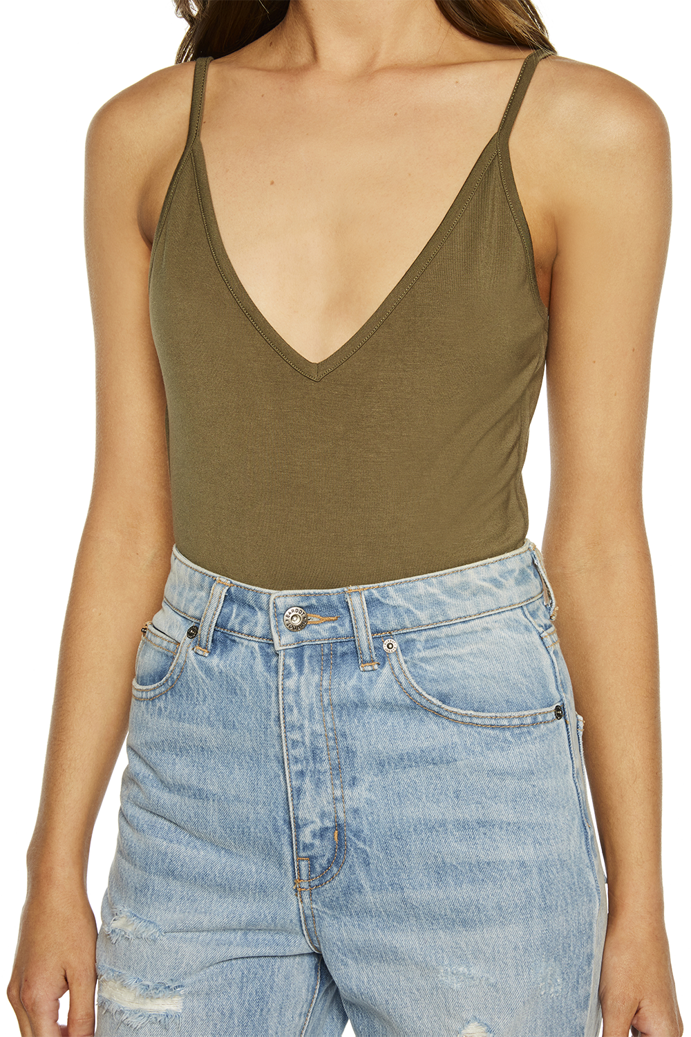 Elly V Neck Bodysuit in Army Green Bardot