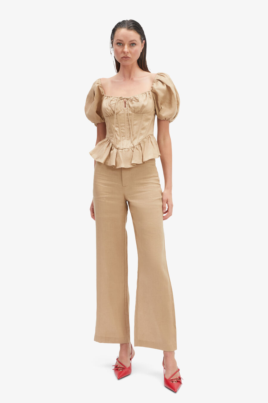 ESRA PUFF SLEEVE CORSET TOP in colour LATTE