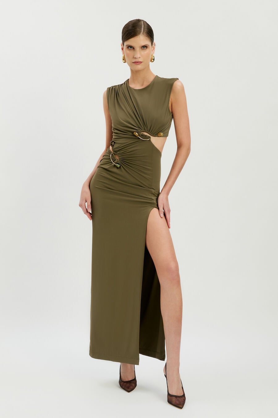 FELIX HIGH NECK MAXI DRESS in colour KHAKI