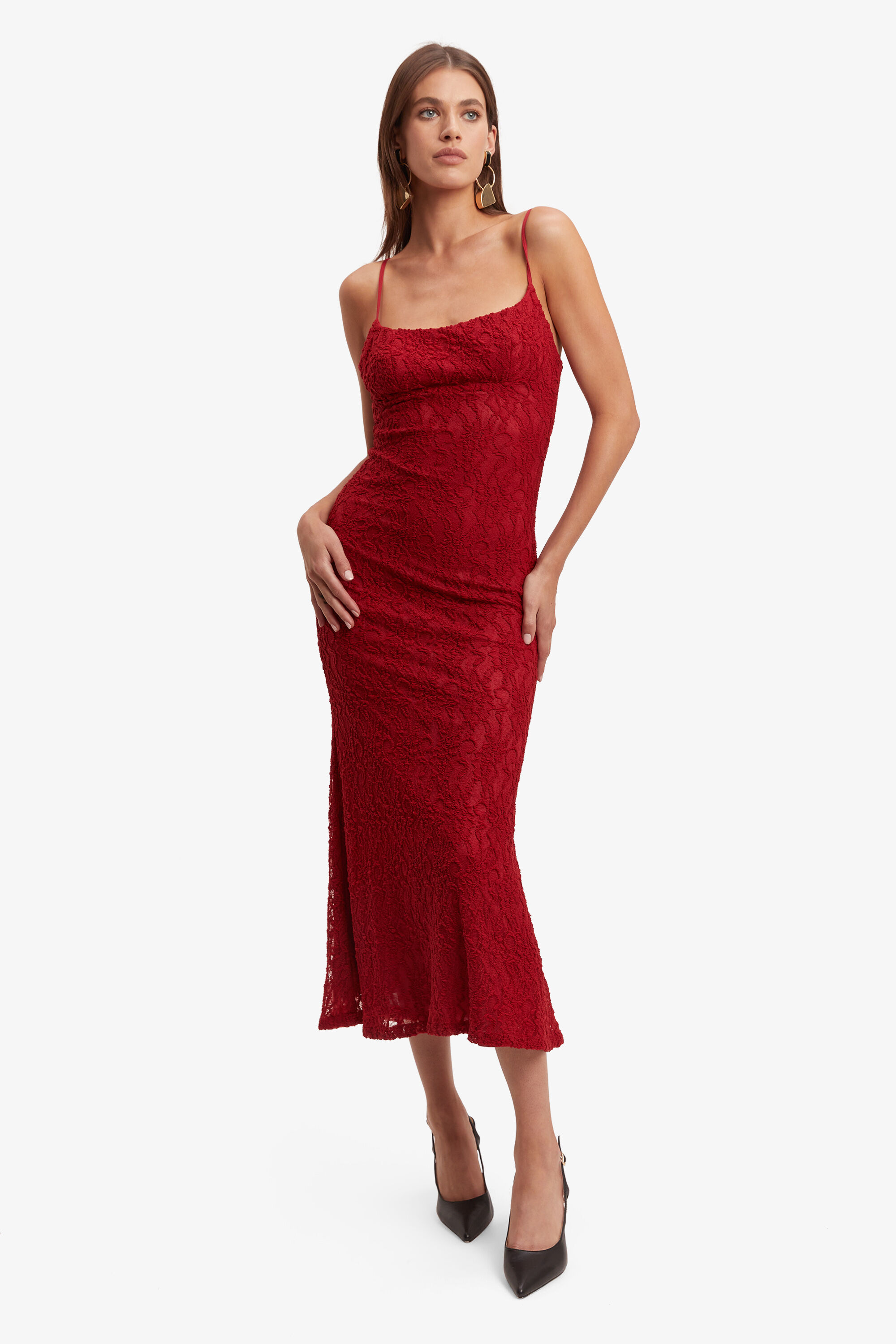 Red lace bardot best sale dress