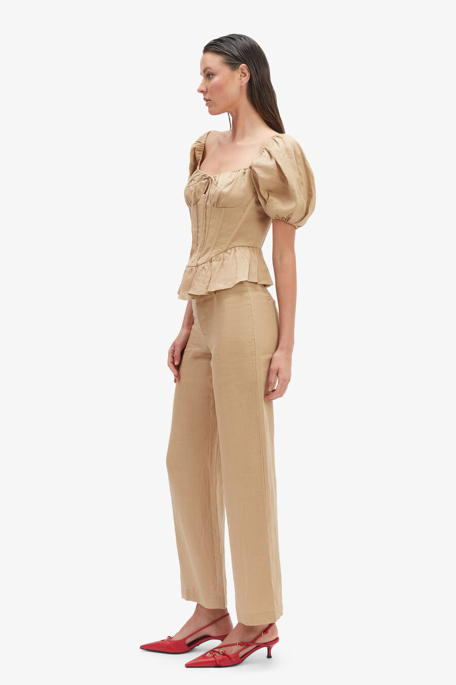 ESRA PUFF SLEEVE CORSET TOP in colour LATTE