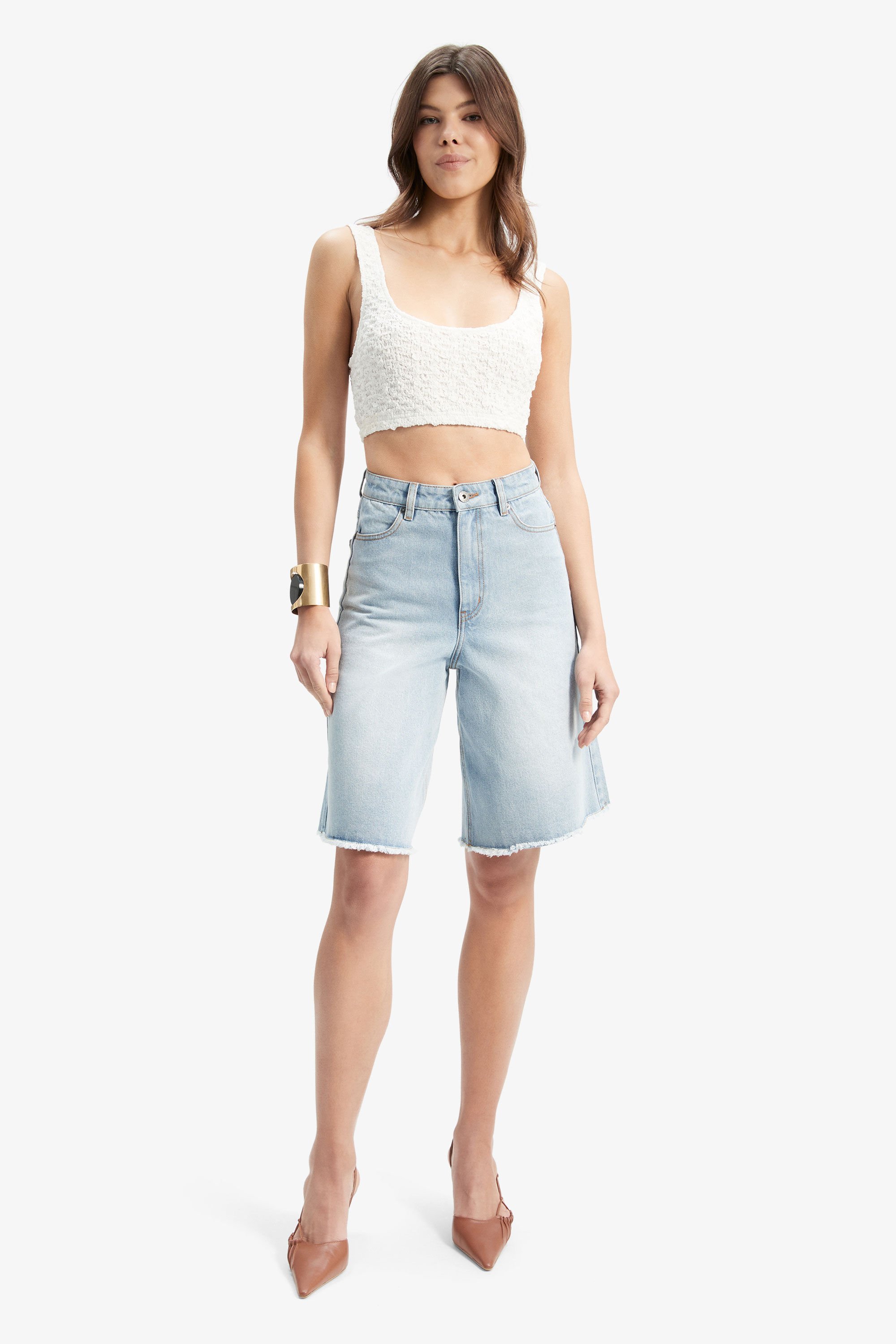 High waisted long denim shorts clearance