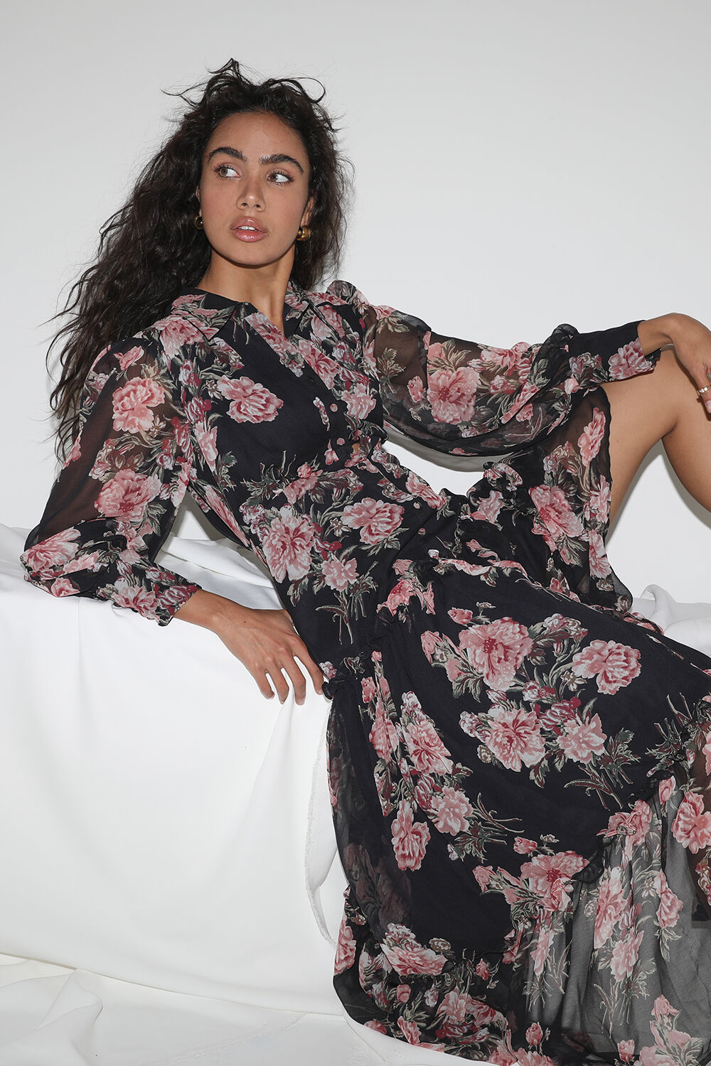 Navy Floral Dress in Navy Fl | Bardot