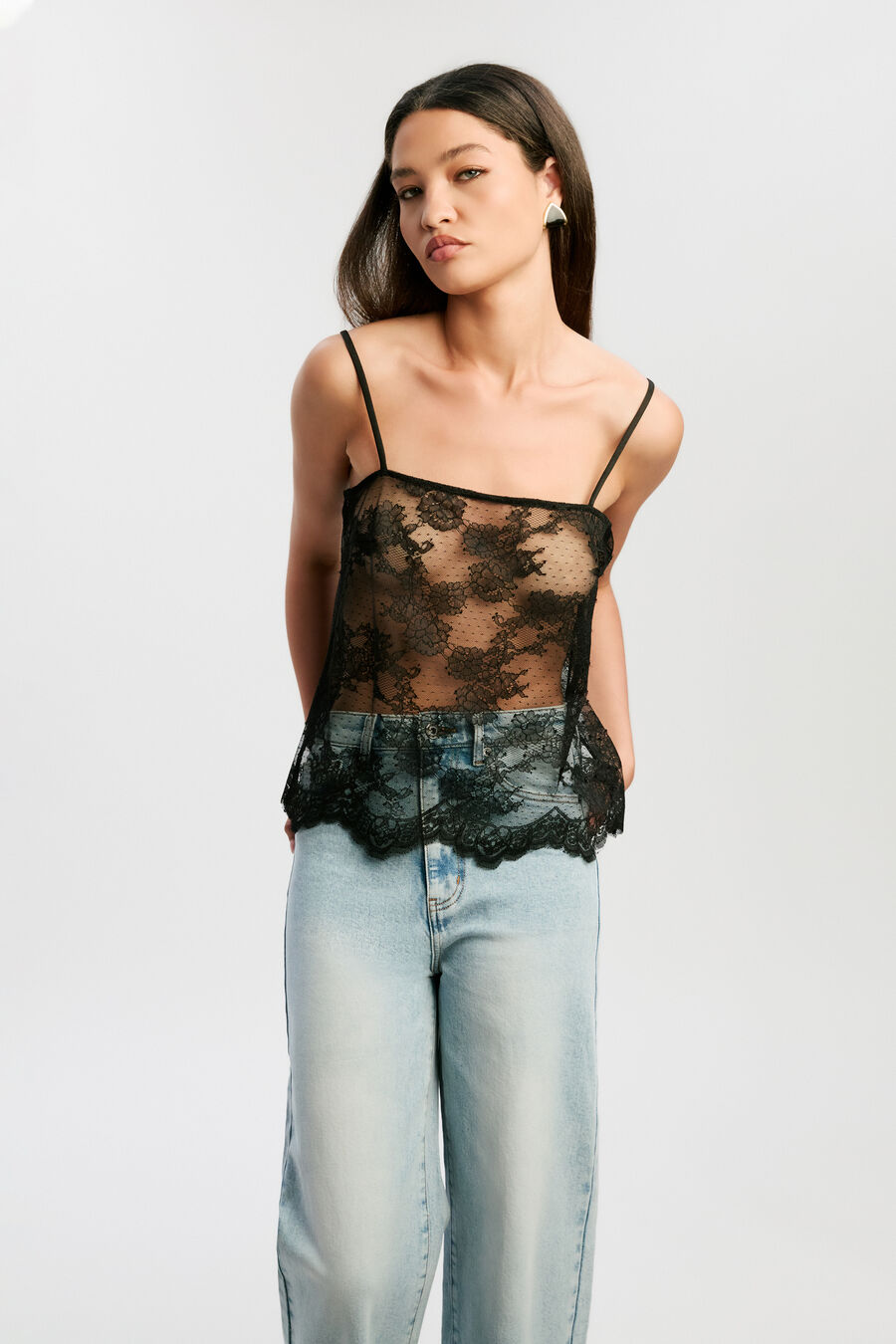 HILDIE SHEER LACE CAMI in colour BLACK