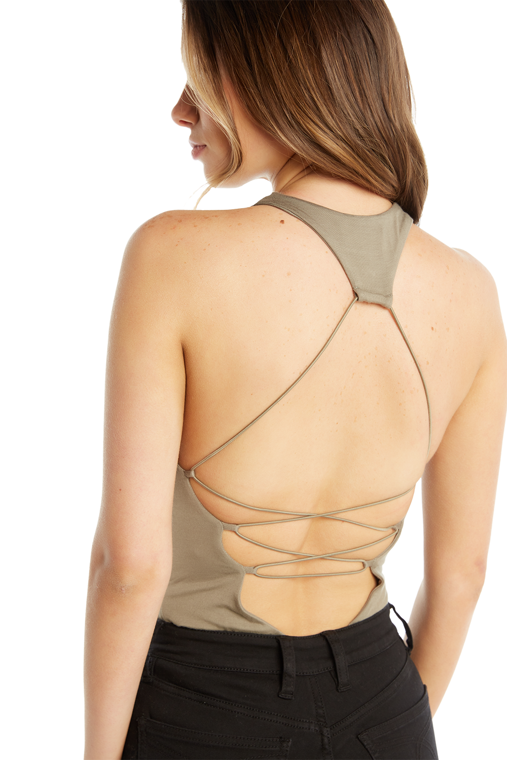 CROSS BACK BODYSUIT in colour DEEP LICHEN GREEN