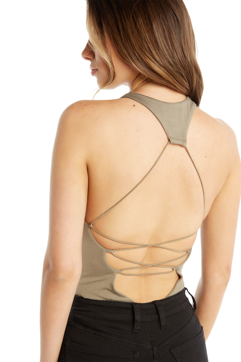 CROSS BACK BODYSUIT in colour DEEP LICHEN GREEN