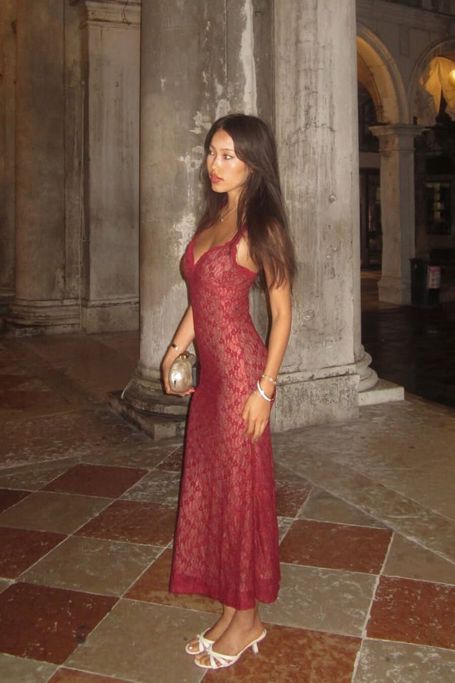 ALEGRA STRETCH LACE MIDI DRESS in colour BURGUNDY