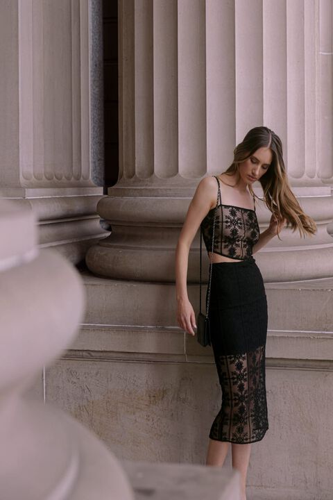 HARPER LACE MIDI SKIRT in colour CAVIAR