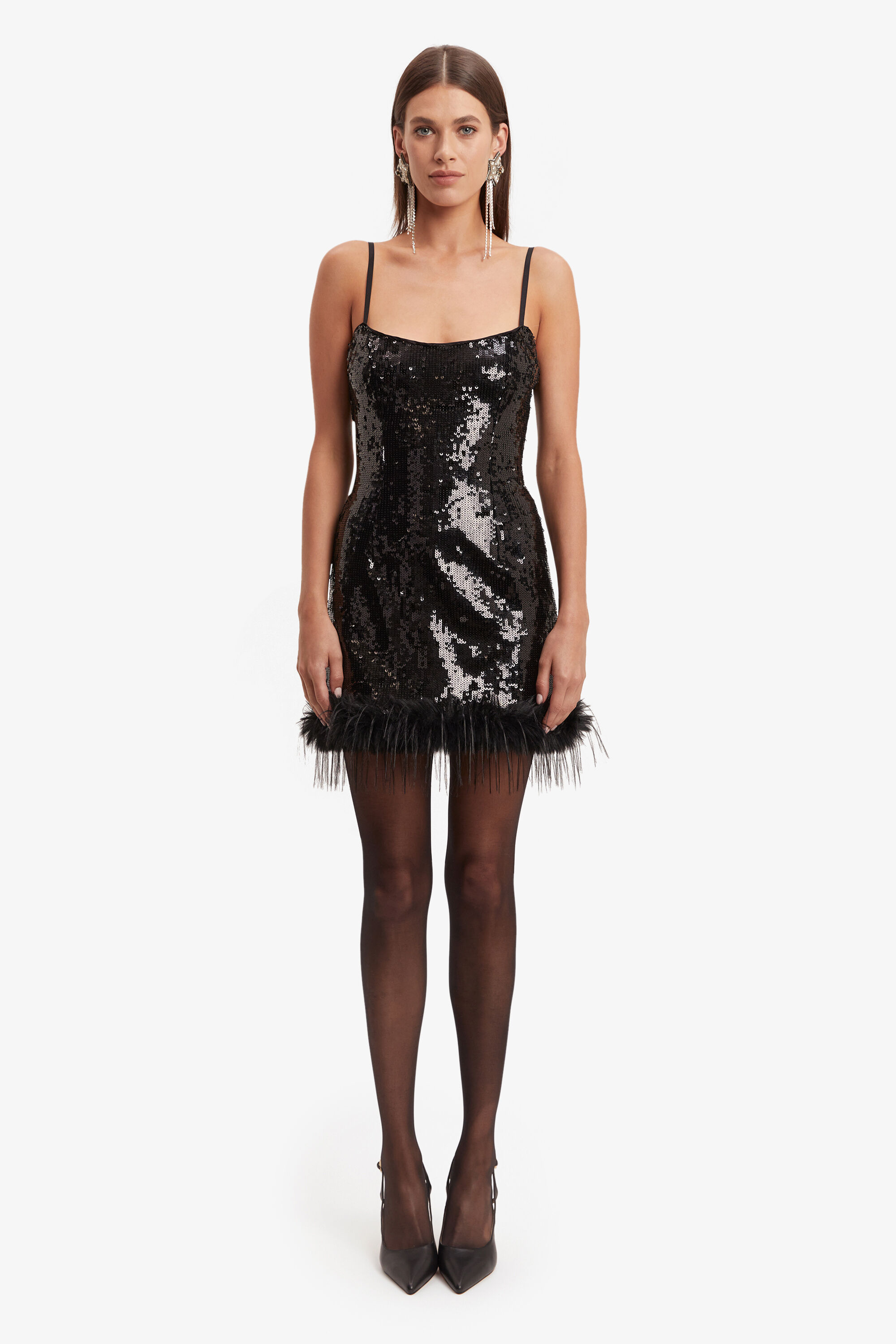 Laurel Faux Fur Mini Dress In Black Sequin Bardot
