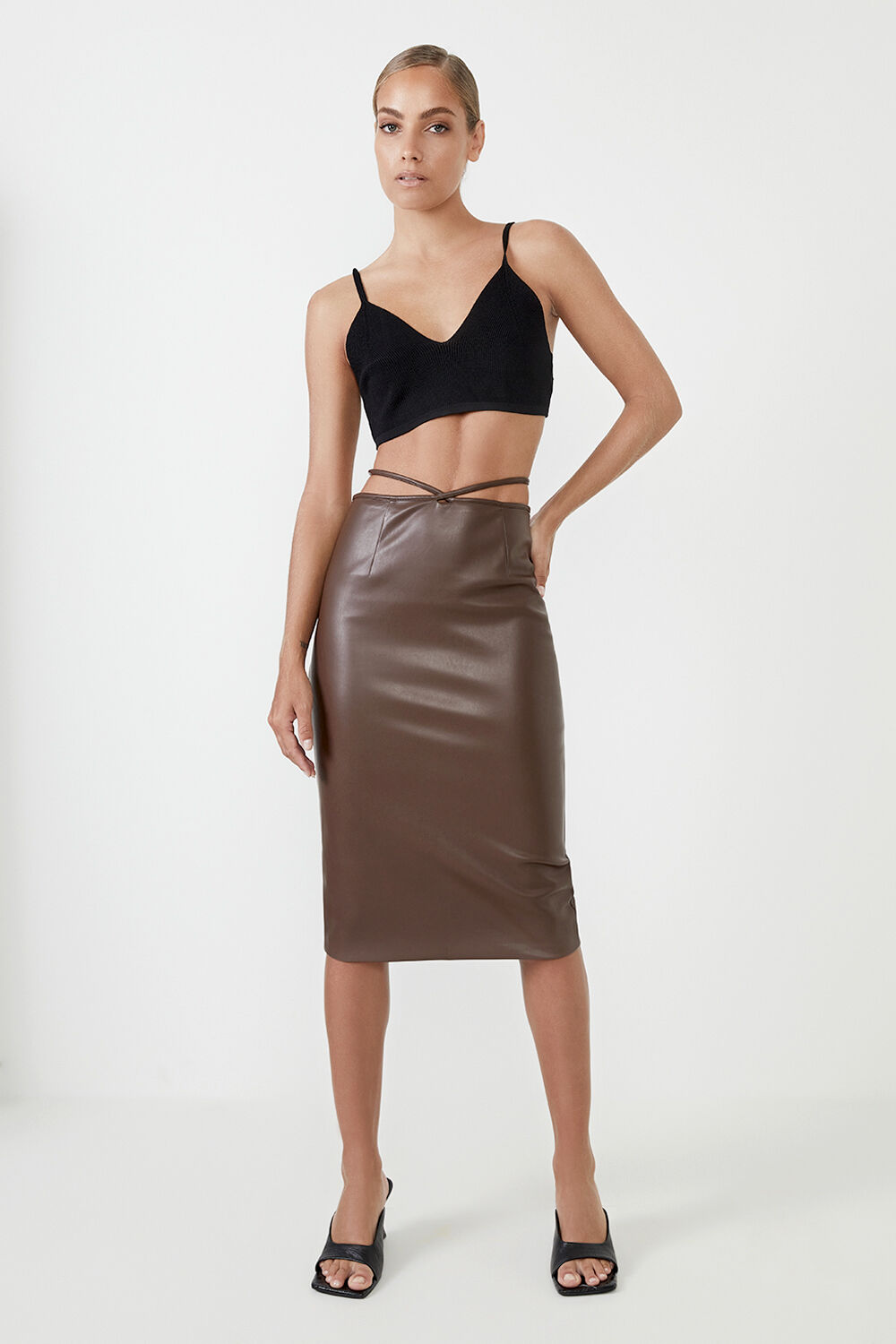 vegan leather midi skirt