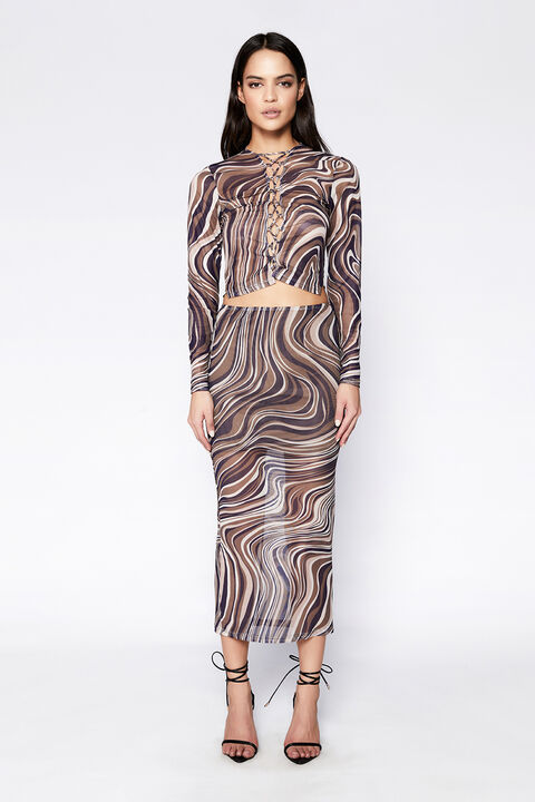 ALIYAH PRINTED MESH SKIRT in colour BROWN SWIRL