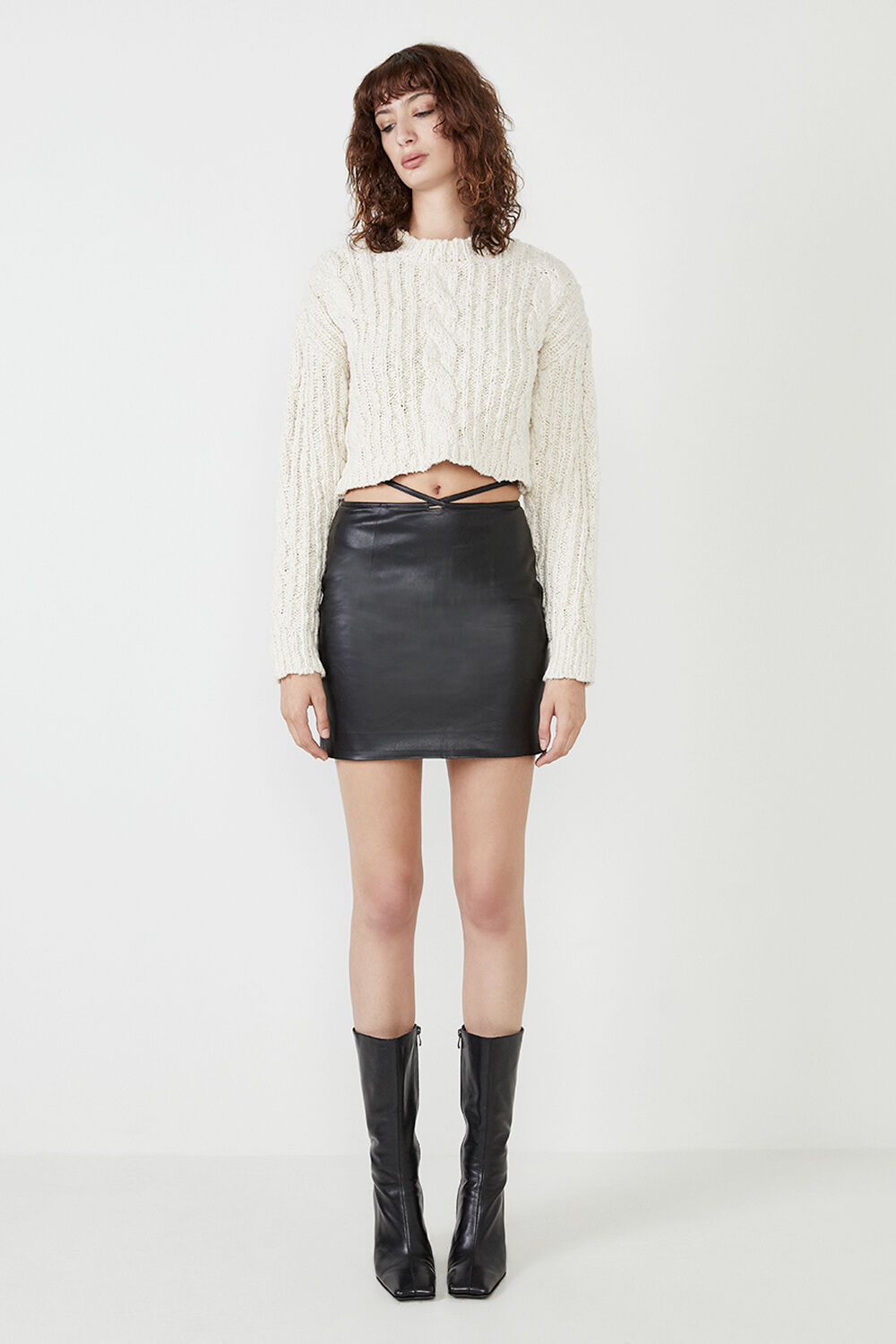 STRAPPY VEGAN LEATHER MINI SKIRT in colour CAVIAR