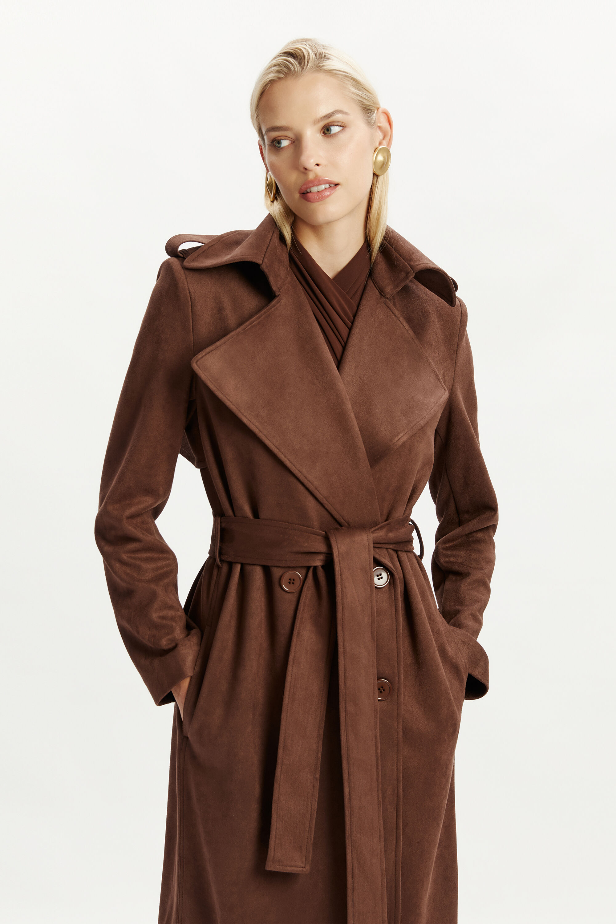 Kira Vegan Suede Trench Coat In Chocolate | Bardot