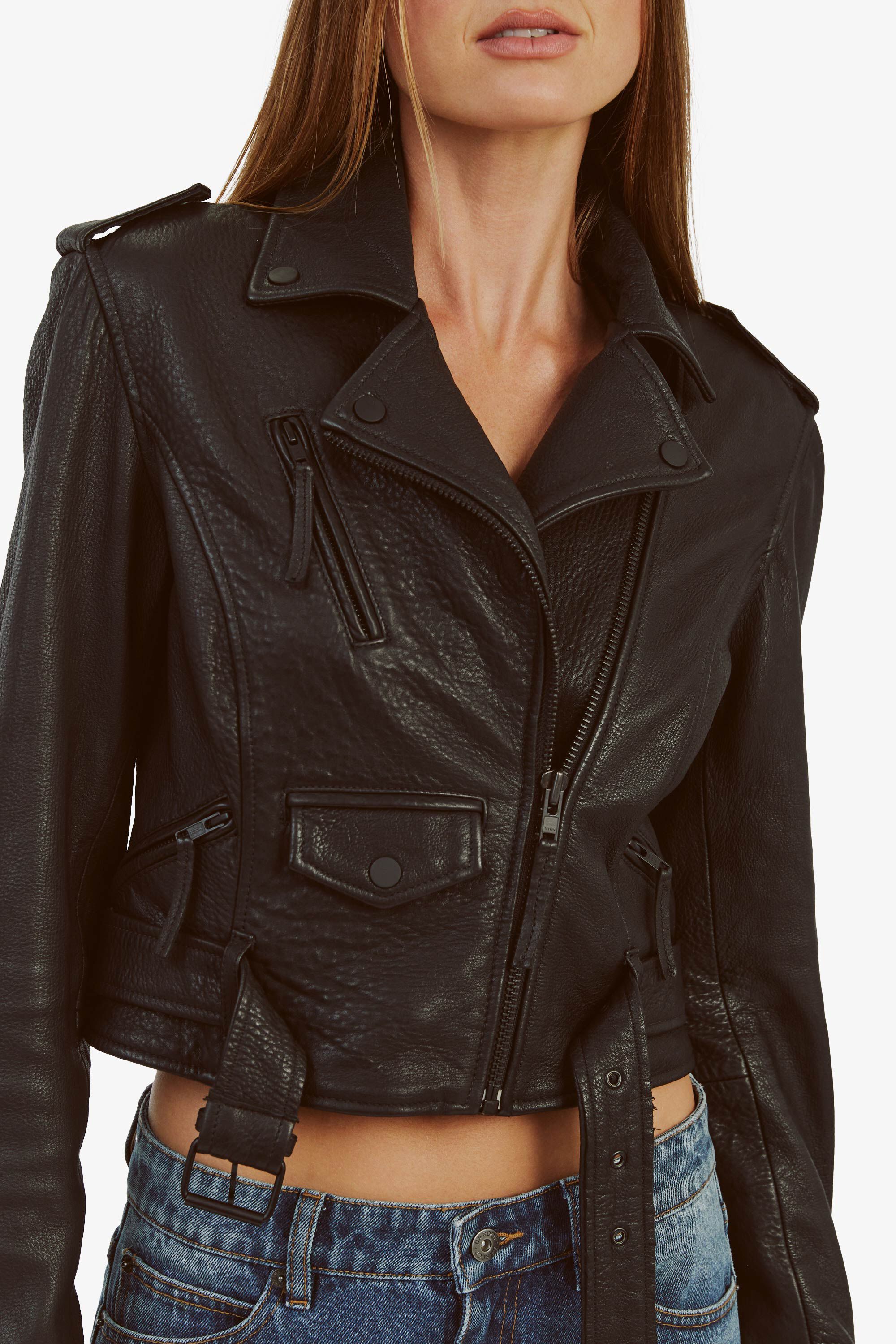 Fitted Leather Biker Jacket In Black Bardot