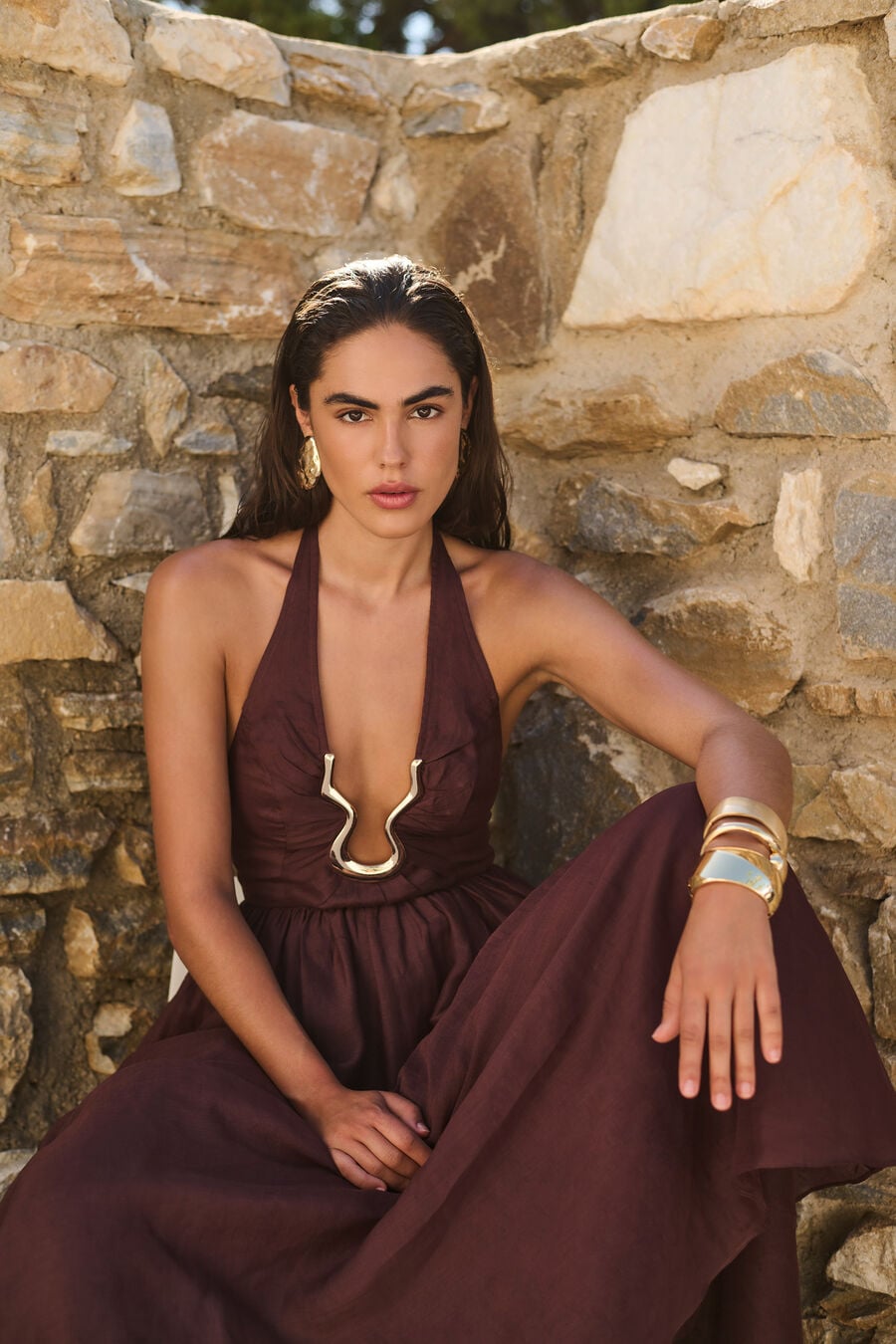 CAVARLY RAMIE HALTER DRESS in colour Chocolate