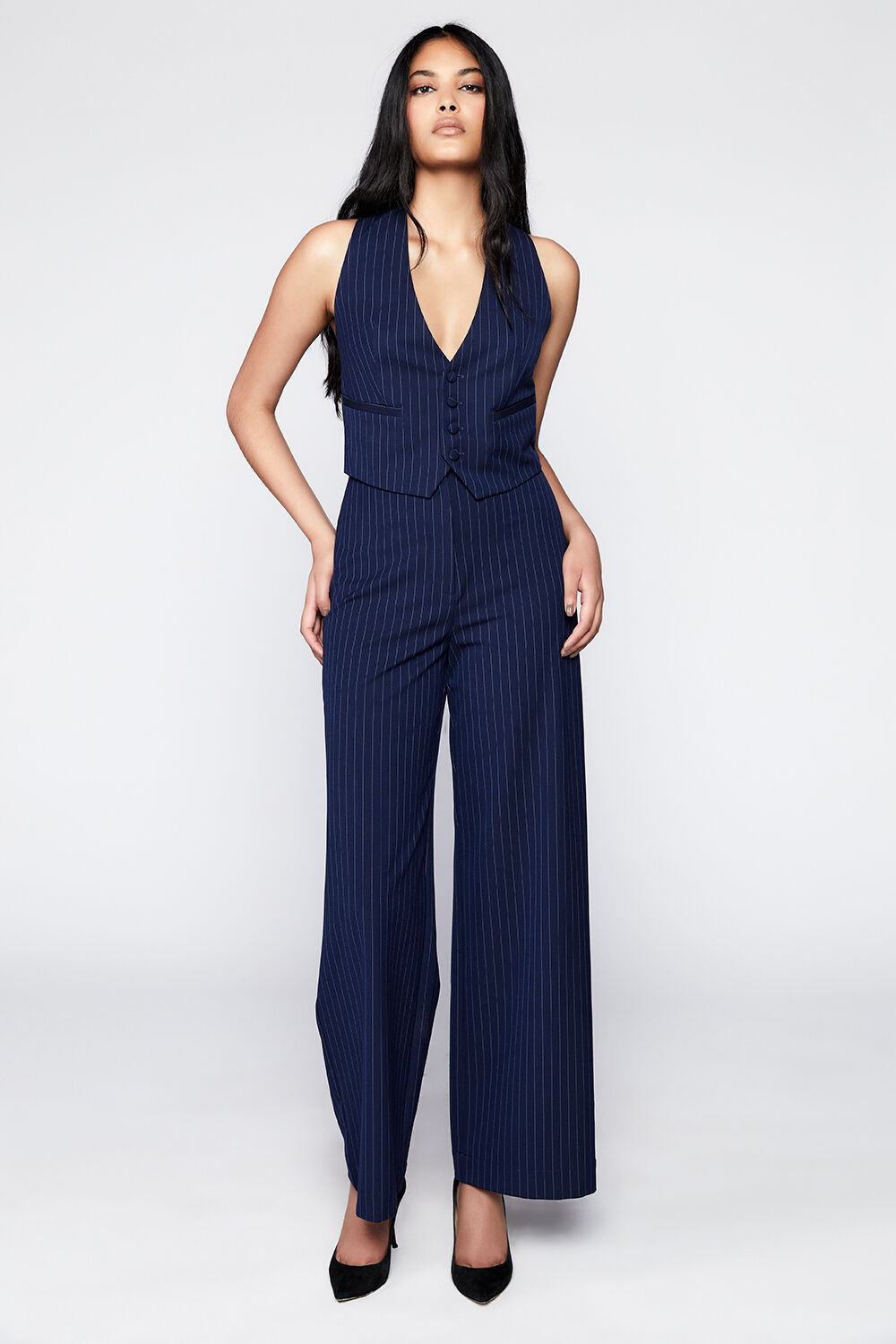 PIN STRIPE WIDE LEG PANT in colour BLACK IRIS