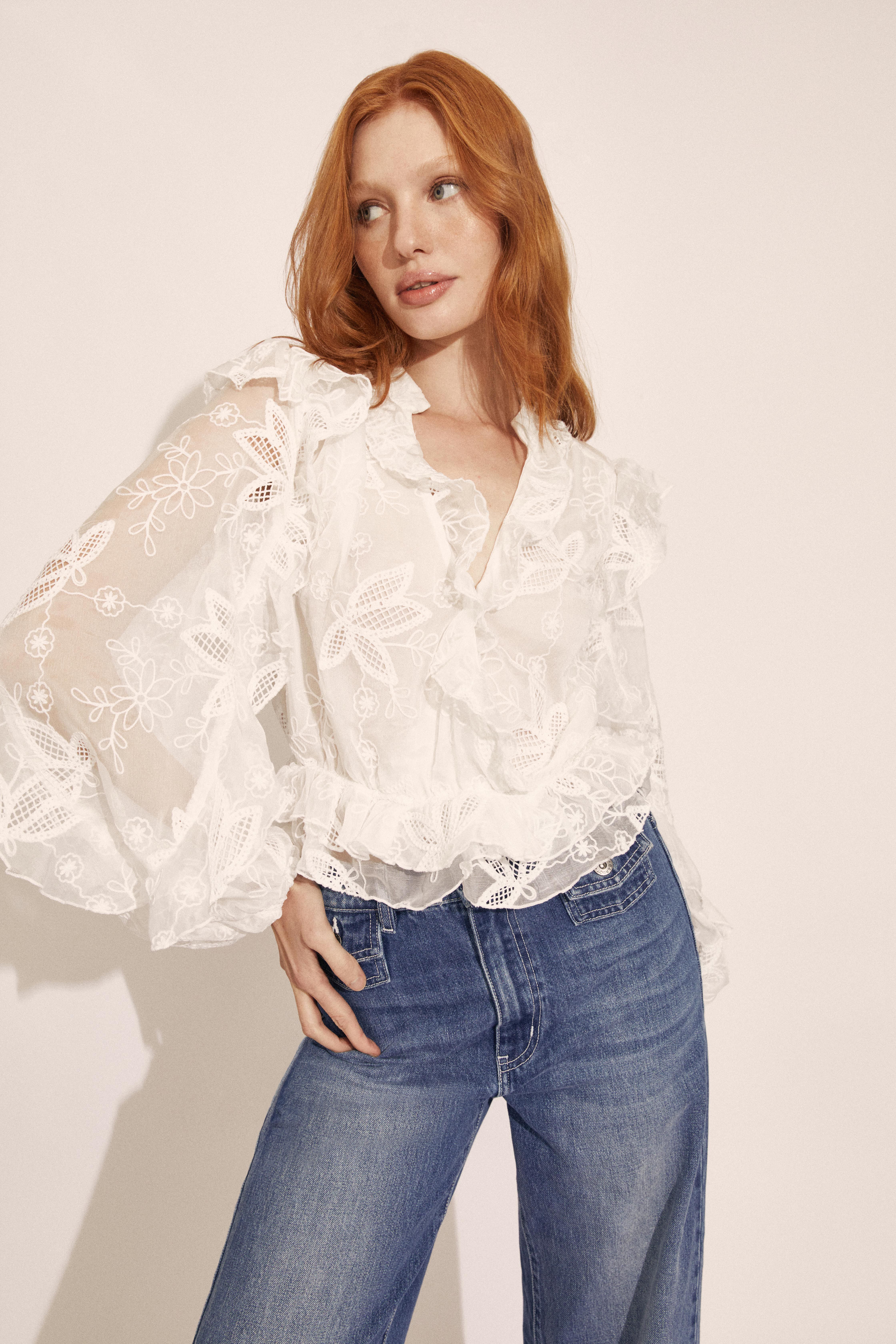 Frill Embroidered Blouse In Orchid White | Bardot