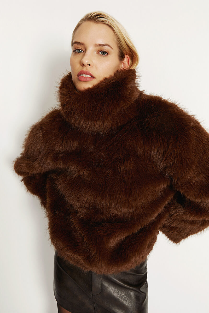 Renata Faux Fur Jumper In Chocolate | Bardot