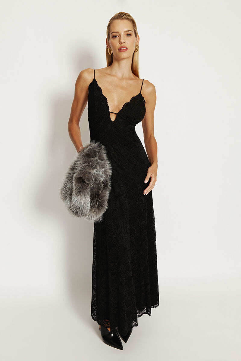 knee length dresses for ladies Scalloped Lace Bodice Long Sleeve Bardot Maxi Dress - Black