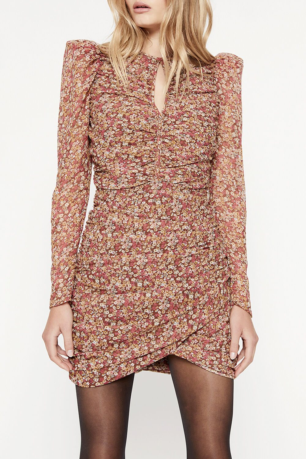 RUCHED DITSY FLORAL MINI DRESS in colour CAVIAR