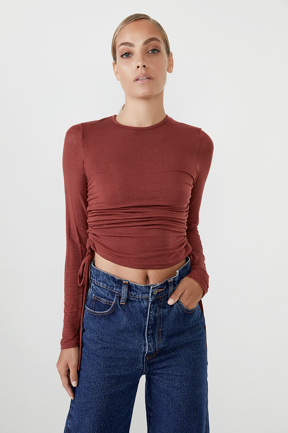 Kate Knit Rouched Top in Wine | Bardot