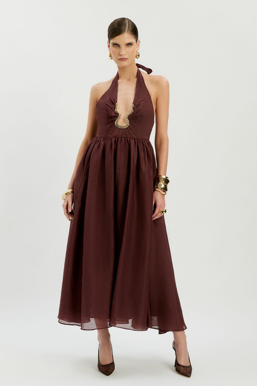 CAVARLY RAMIE HALTER DRESS in colour Chocolate