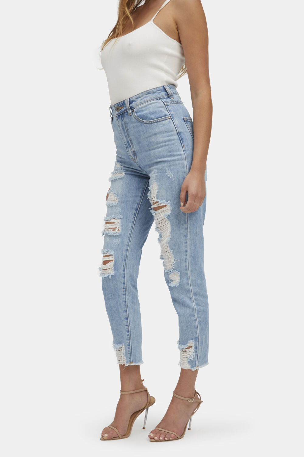 THE MUM JEAN in colour DUSTY BLUE