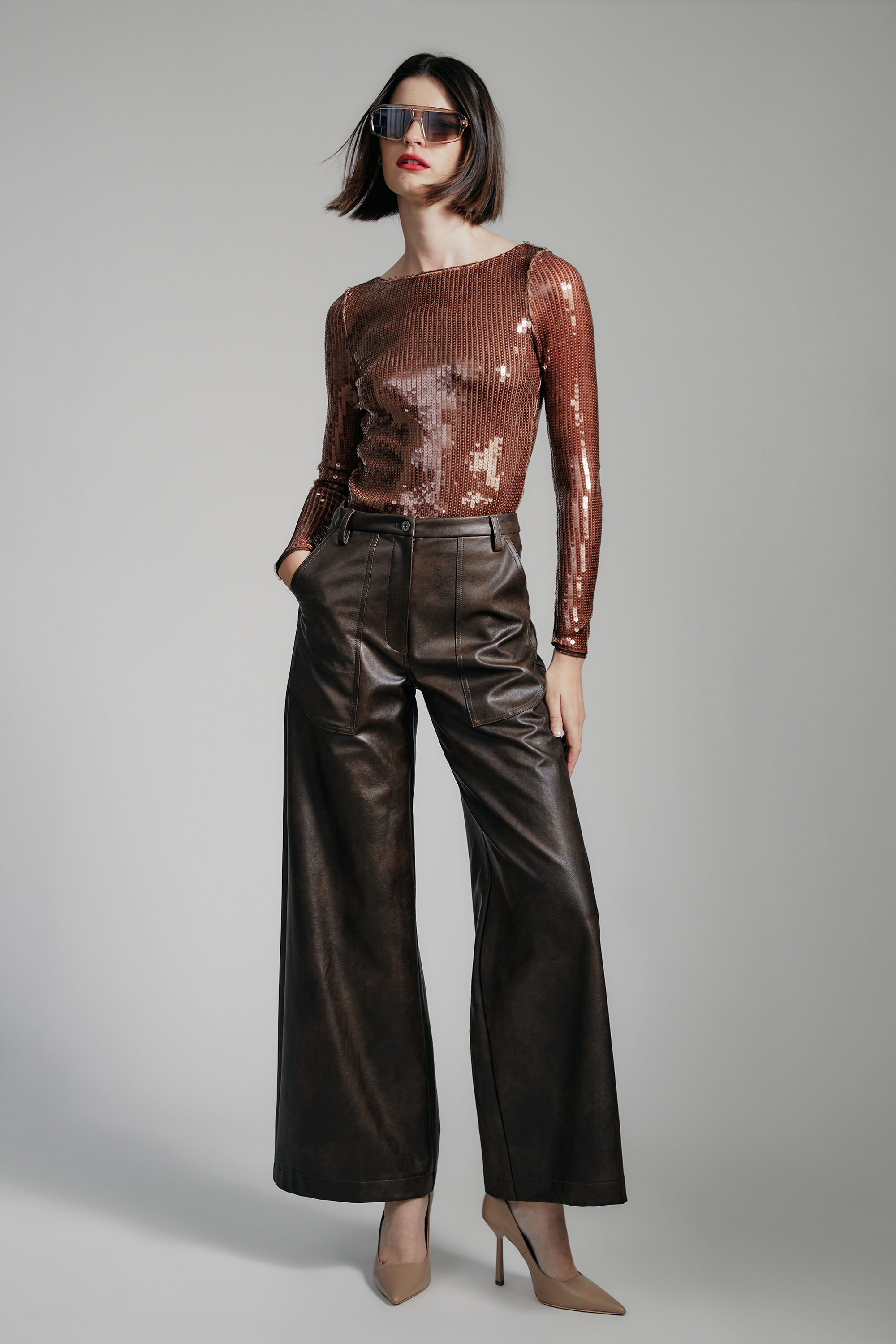 Vegan Leather Wide Leg Pant In Dark Choco Bardot