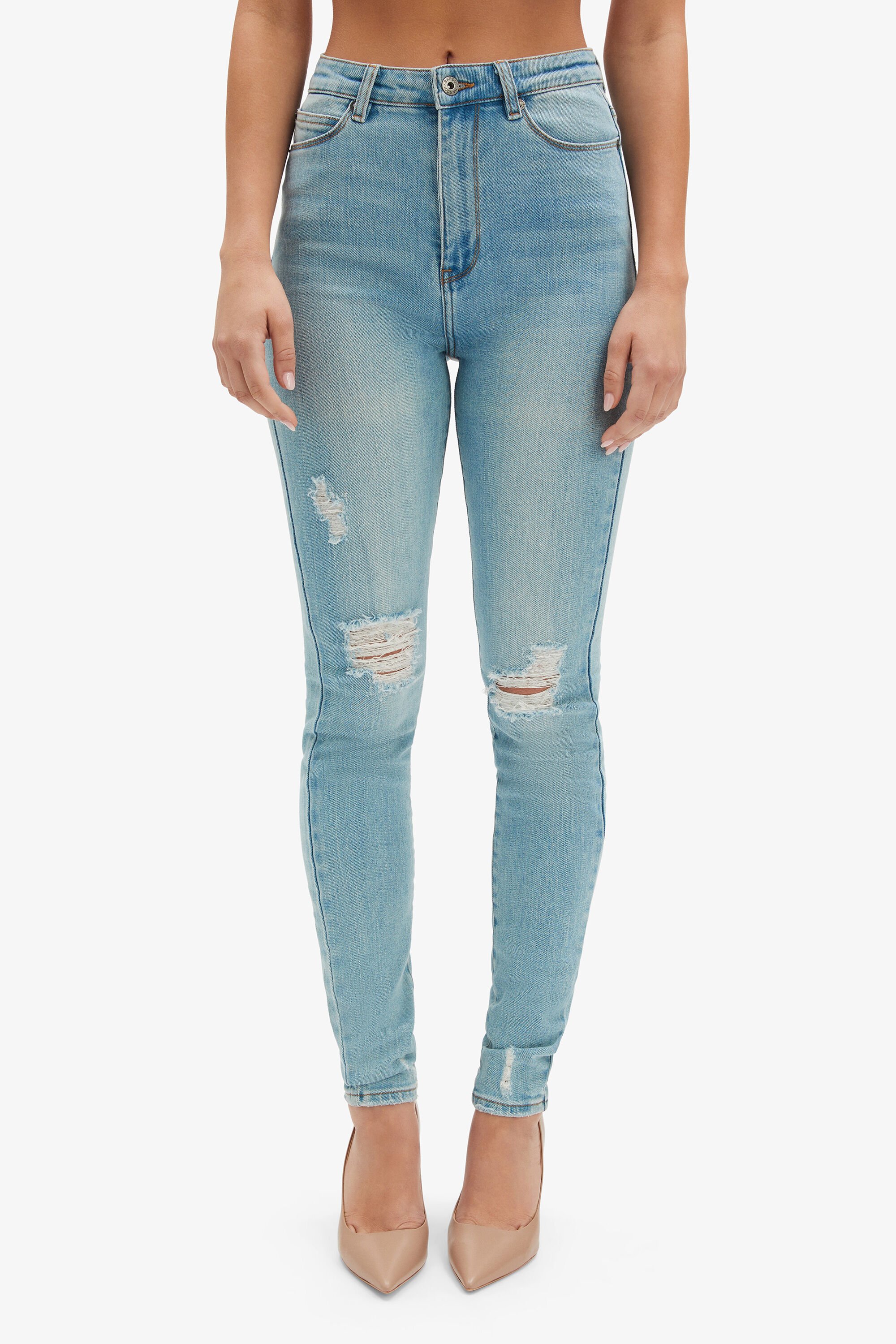 Khloe Super High Tall Jeans In Mid Blue Bardot