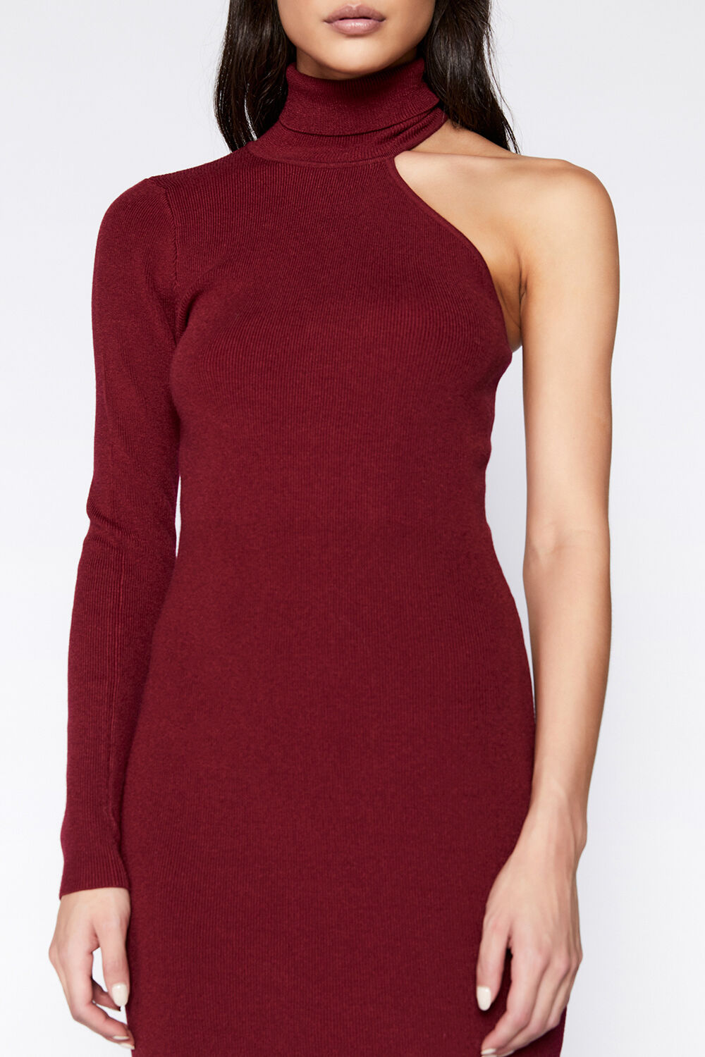 ASYMMETRIC SLV KNIT DRESS in colour CORDOVAN