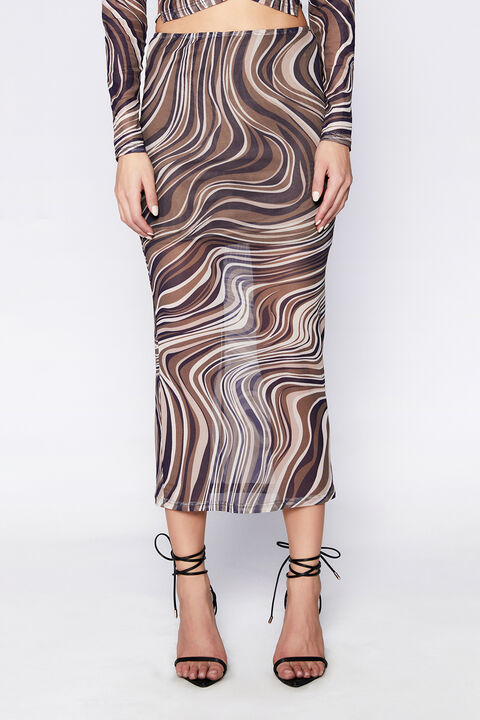 ALIYAH PRINTED MESH SKIRT in colour BROWN SWIRL